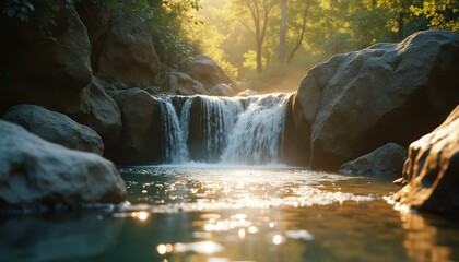 Cascade and rocks with golden sunlight reflecting off of the water in a forested landscape