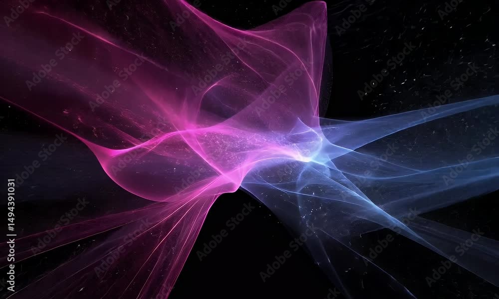 Poster abstract background with glowing pink and blue light waves on a black canvas, creating an ethereal a