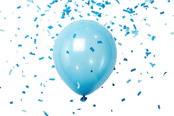 PNG Floating blue balloon surrounded by falling confetti on black background