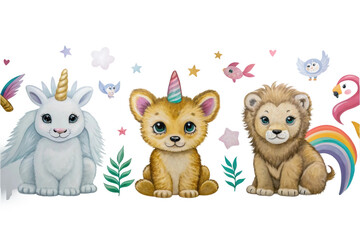 Obraz premium PNG Cute cartoon unicorn, puppy, and lion with rainbow and stars in fantasy setting