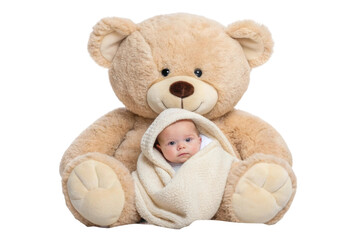 Obraz premium PNG Cute baby wrapped in blanket with giant teddy bear companion
