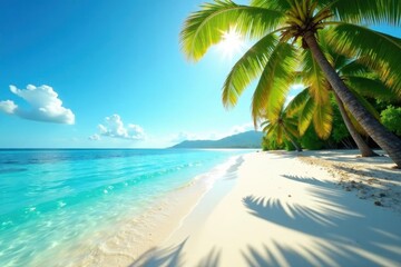 Obraz premium Sun-drenched beach, crystal-clear water, swaying palms , getaway, sunshine