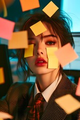 Young woman with many sticky notes