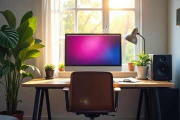 Empty chair facing computer screen, sunlit room , serene, connection