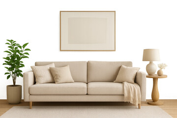 Modern Living Room Interior: A serene living space with a contemporary beige sofa, framed artwork, and stylish decor.