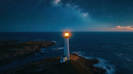Illuminated Lighthouse on Rocky Coastline Under a Starry Night Sky with Milky Way