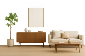 Cozy Living Room: Modern living space with minimalist design, showcasing an empty picture frame, a sofa, cabinet and coffee table, potted tree, and decorative items, all arranged in a well-lit area.