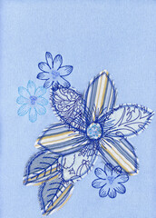 Light blue embroidered flower cotton pattern fabric with sequin embellishment design sample detail background