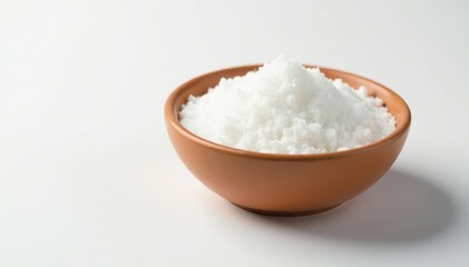 Bowl of white sugar against bright white backdrop, bright, studio, powder