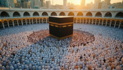 A large crowd of people in white robes gather around a cubic structure under an arched building, bathed in warm sunlight.
