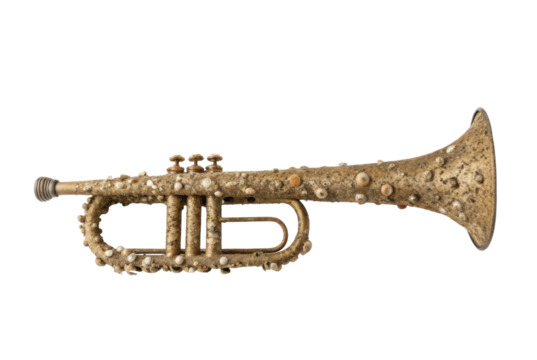 PNG Rustic barnacle-encrusted trumpet on black background