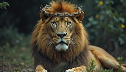 Majestic Lion with Crown of Thorns: A Powerful Symbol of Strength and Sacrifice in a Verdant Setting