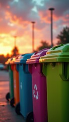 Colorful recycling bins lined up at sunset, promoting environmental awareness and sustainable waste management