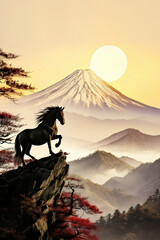 富士山と絶壁に立つ馬,Generative AI,AI画像