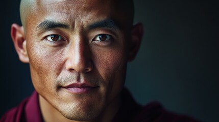 Fototapeta premium Intensely Focused Monk with Shaved Head and Red Robe Gazing Directly at the Viewer in Deep Contemplation