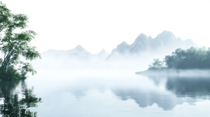 Misty lake landscape with trees isolated on transparent background