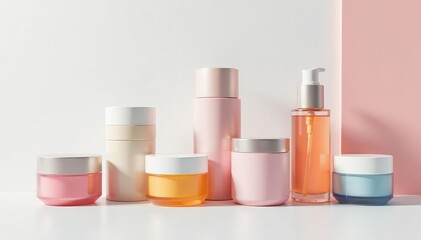 Various cosmetic containers on white backdrop, tubes, marketing, set