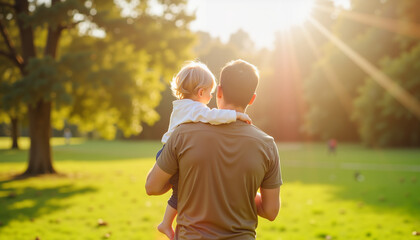 Fototapeta premium Father carrying child in sunny park at sunset