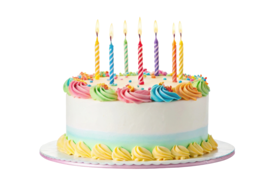 PNG Colorful birthday cake with candles and whipped icing on a white background