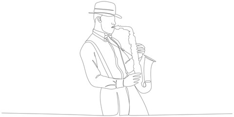 Obraz premium Continuous Line Drawing of a Man Playing Saxophone in Vintage Style