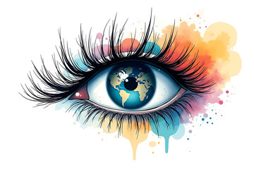 A Vector Close-Up of an Eye Gently Holding a Glowing Miniature Earth in Its Eyelashes, Representing Global Tenderness and Eco-Consciousness with Artistic Precision, AI-generated