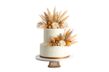 PNG Elegant two-tier white cake with dried botanical decorations