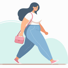 An illustration of an overweight woman walking leisurely in the park with a happy smile.