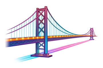 Obraz premium PNG Vibrant neon suspension bridge with cityscape reflections in nighttime glow