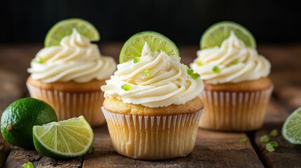 Lime cupcakes with white frosting and lime slices on a wood surface. Use for blog posts or social media about delicious treats.