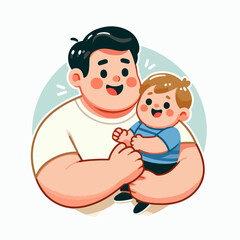 Vector illustration of a chubby father carrying his child with a happy expression.