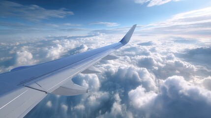 Obraz premium Aerial view from an airplane wing above fluffy clouds under a bright, blue sky.