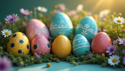 Fototapeta premium Festive Easter eggs in vibrant colors nestled in a grassy meadow surrounded by daisy flowers