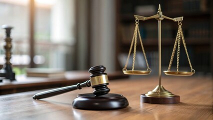 A gavel and scales of justice on a wooden desk, symbolizing law and legal proceedings.
