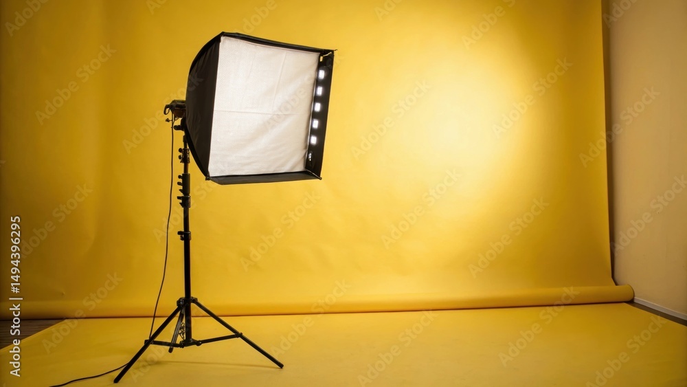 Poster studio lighting setup with a softbox against a vibrant yellow backdrop.