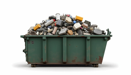 Full dumpster with mixed waste isolated on white background