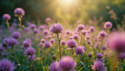 Pink clover flowers blooming in a field, illuminated by the soft, golden sunlight of early morning