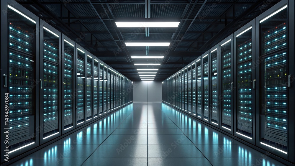 Poster high-tech server room with rows of data storage units and illuminated pathways.