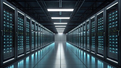 High-tech server room with rows of data storage units and illuminated pathways.