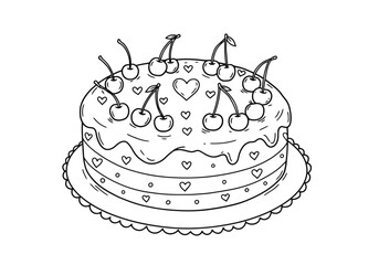 Sketchy Cherry Cake Illustration - Outlined Sweet Treat