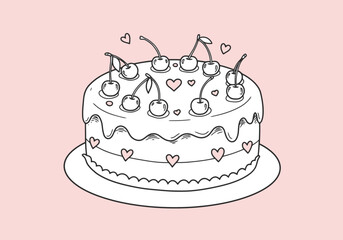 Sweet Cherry Cake Illustration with Hearts
