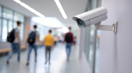 Security camera mounted on a wall in a school hallway with students walking in the background, emphasizing safety and surveillance.