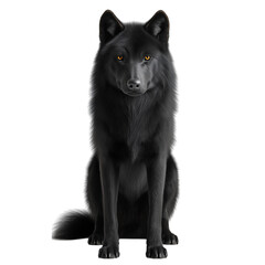 Front view of a realistic black timber wolf standing against a solid white background, detailed wildlife photograph showcasing thick dark fur, intense gaze, and powerful build in high resolution