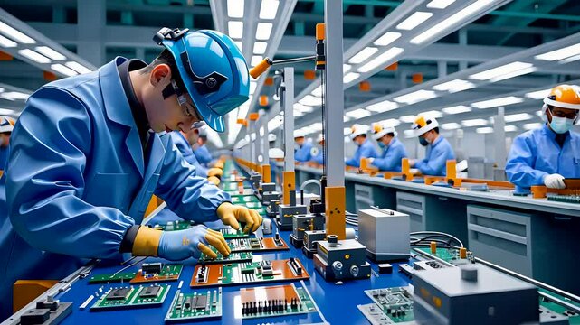 Workers Assembling Electronics in High-Tech Factory Under Bright Industrial Lighting