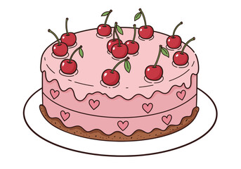 Cherry Topped Cake with Heart Decoration, Illustration