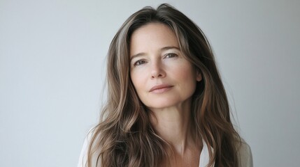 Elegant close-up portrait of a mature woman with natural beauty and long wavy hair