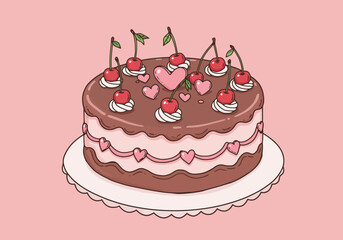 Whimsical Cherry Cake Illustration on Pink Background
