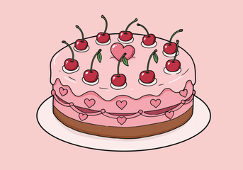 Cherry Topped Pink Cake with Hearts Illustration