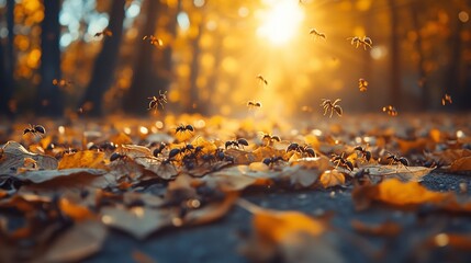 Swarm of ants on autumn leaves