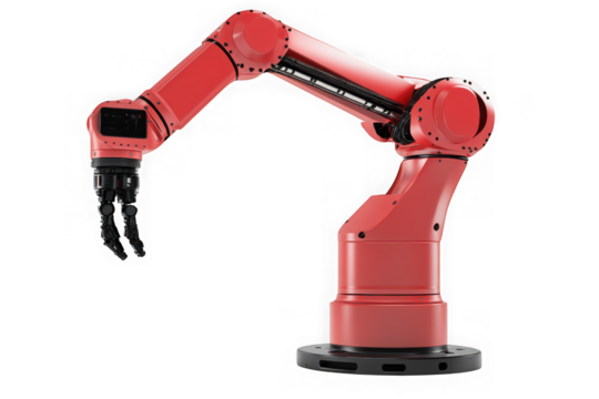 Red industrial robot arm robotic machine automation manufacturing factory technology engineering equipment isolated on transparent background - Powered by Adobe