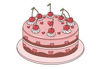 Cherry Topped Cake Illustration with Hearts